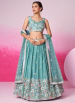 Poly Georgette Turquoise Blue Bridal Wear Sequins Work Lehenga Choli